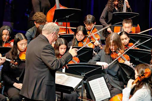 Students performing during a school band and music fundraiser concert