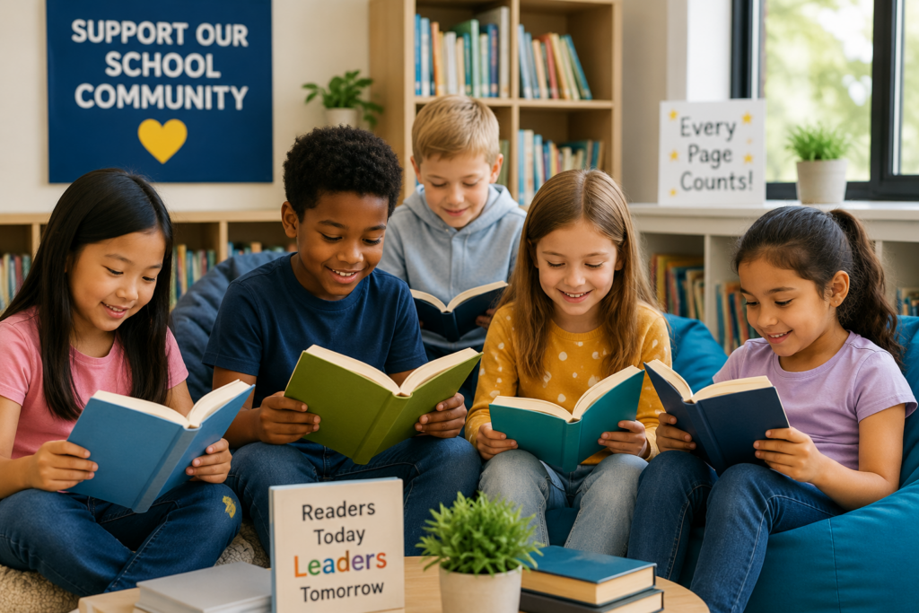 Students participating in a school read-a-thon fundraiser for literacy programs
