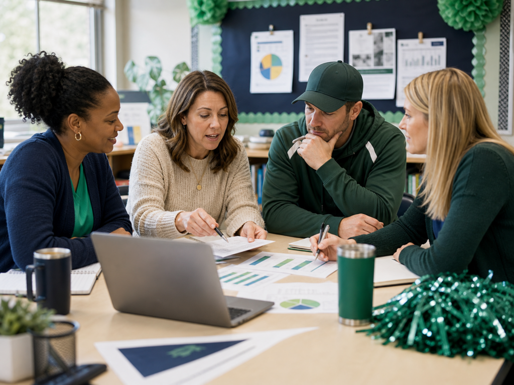 PTA members and school coach reviewing fundraiser planning documents and charts in a classroom
