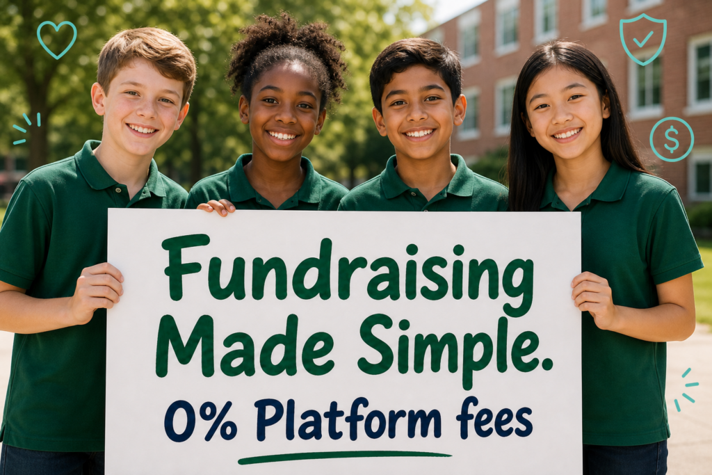 Students holding a fundraising sign for DashPledge school fundraising platform