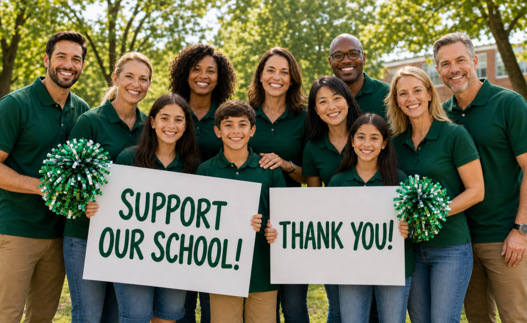 School fundraising team holding support our school and thank you signs