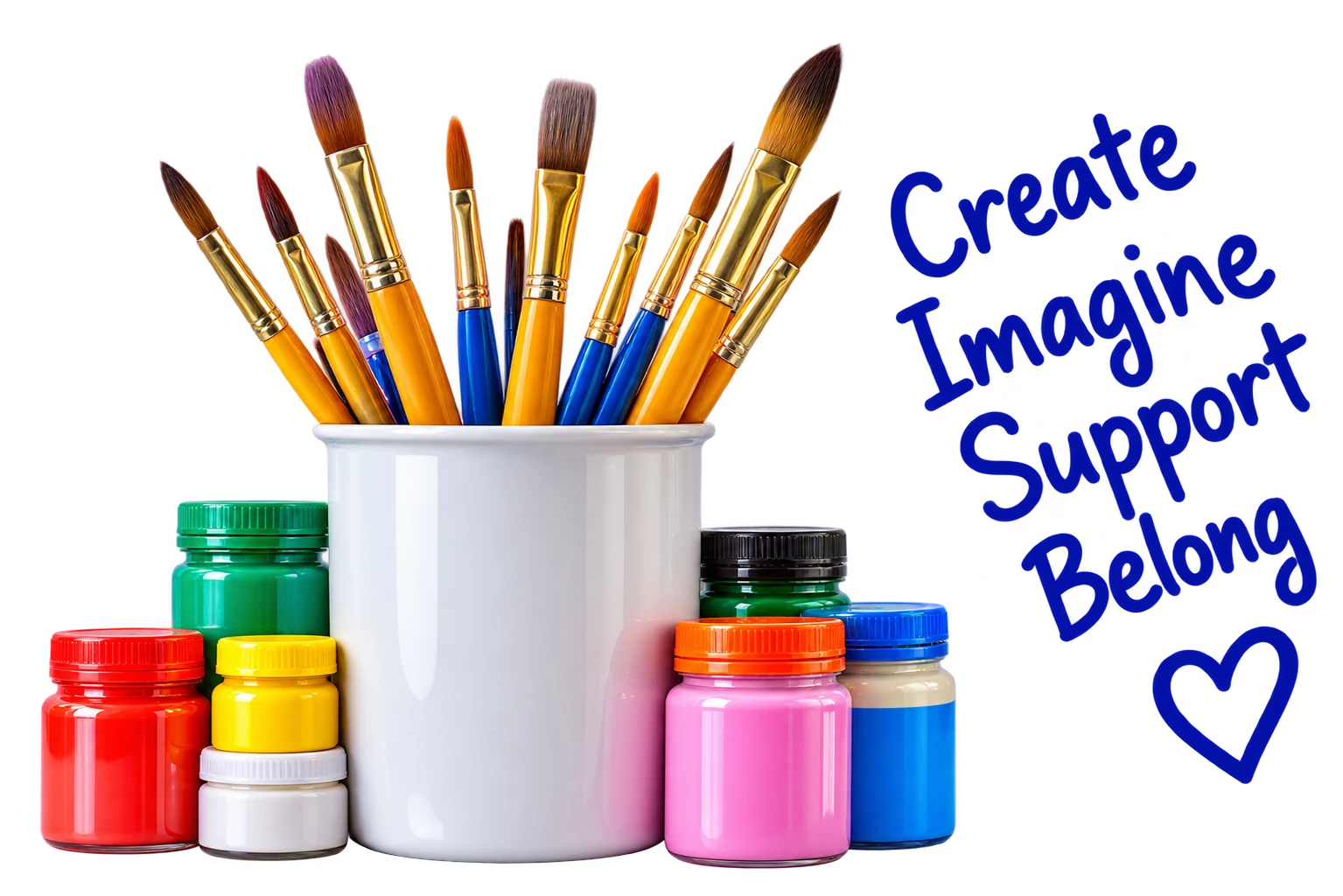 Art brushes, paint jars, and creative supplies