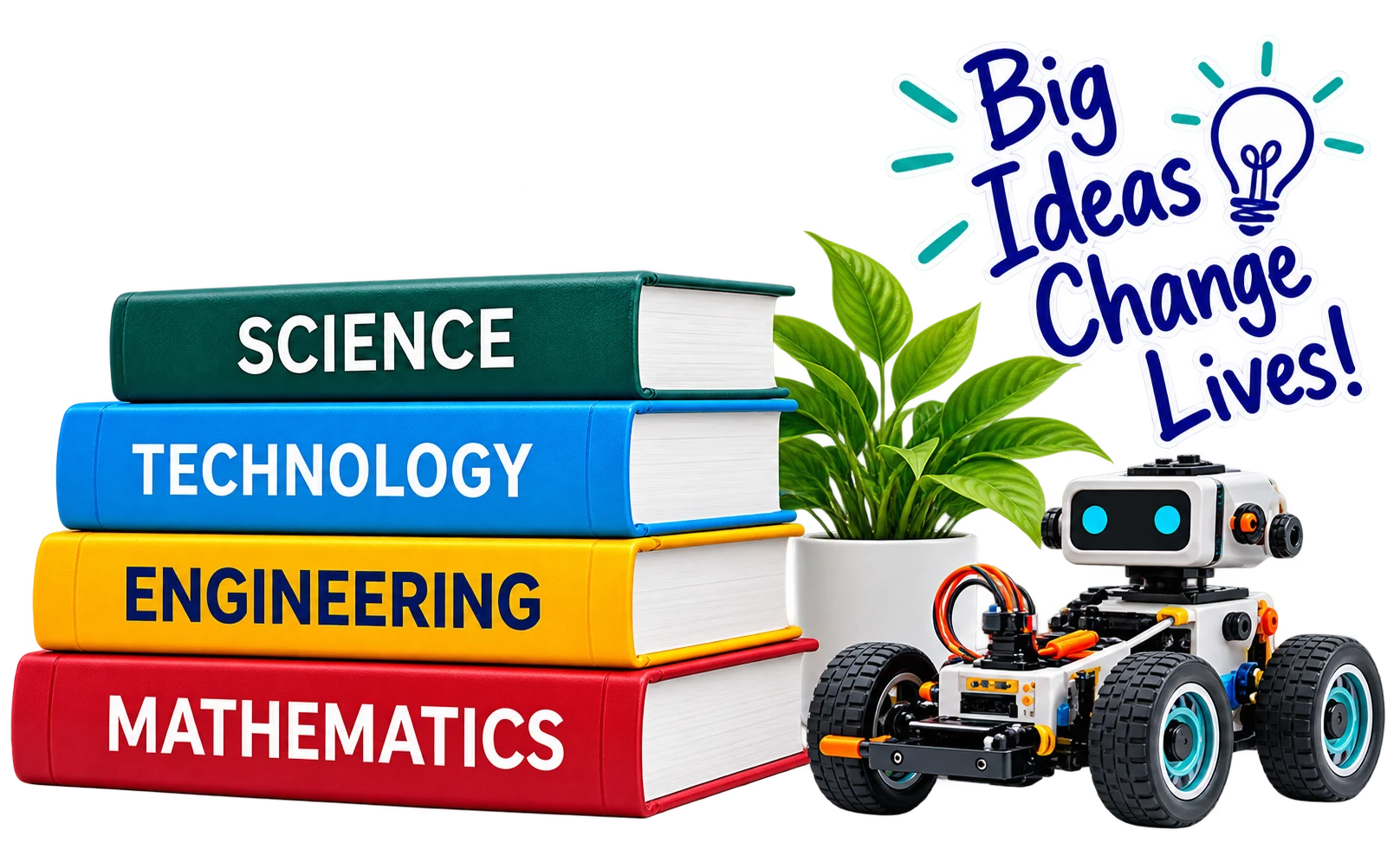Stack of science, technology, engineering, and mathematics books with a robot
