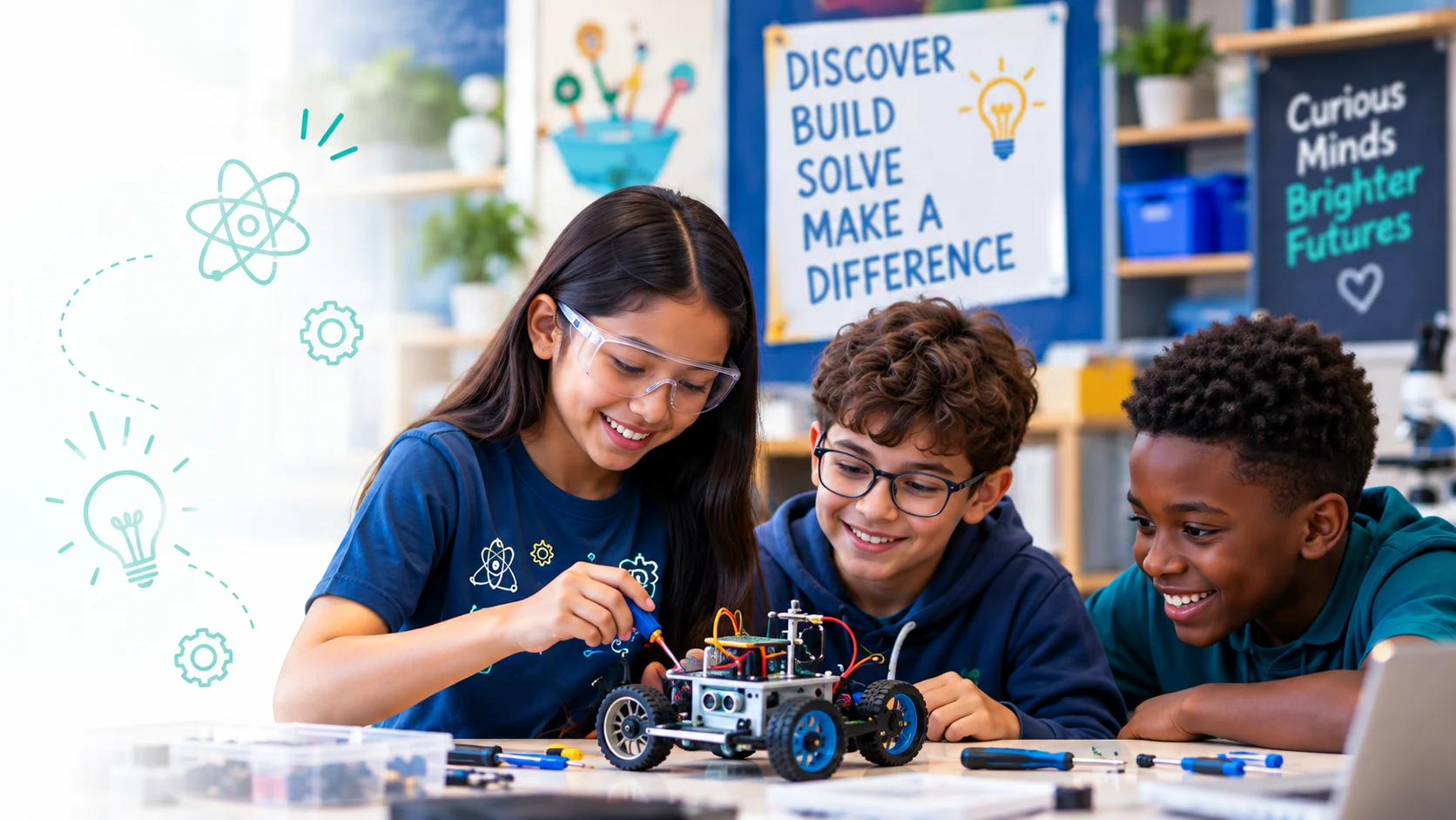 Students building a robot together during a STEM Challenge